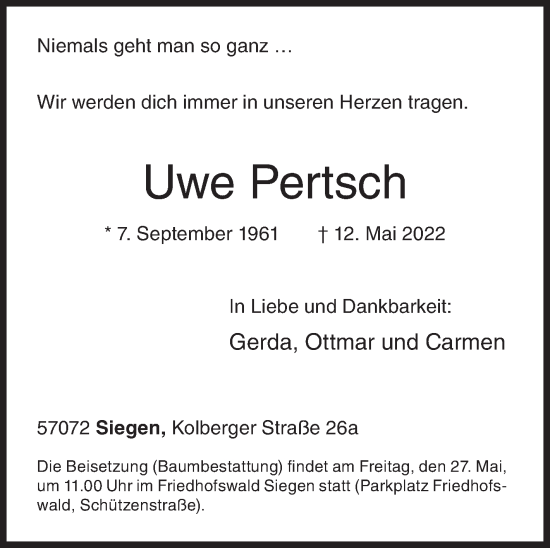 Traueranzeige von Uwe Pertsch von Siegener Zeitung