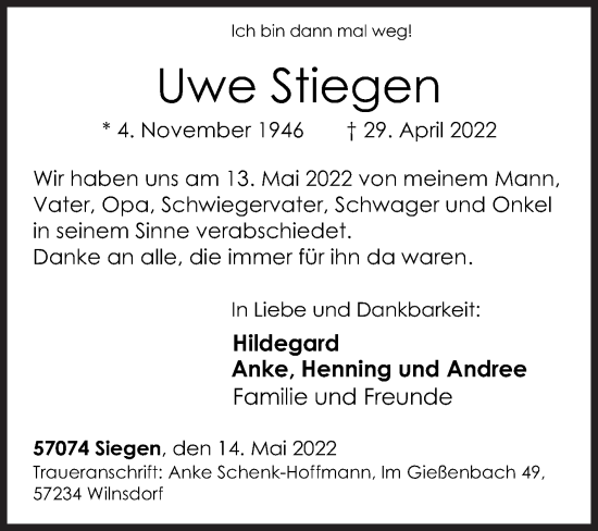Traueranzeige von Uwe Stiegen von Siegener Zeitung