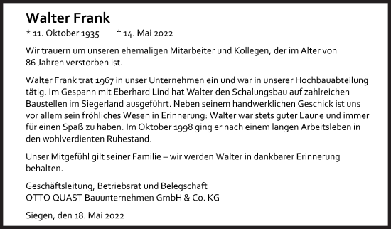Traueranzeige von Walter Frank von Siegener Zeitung
