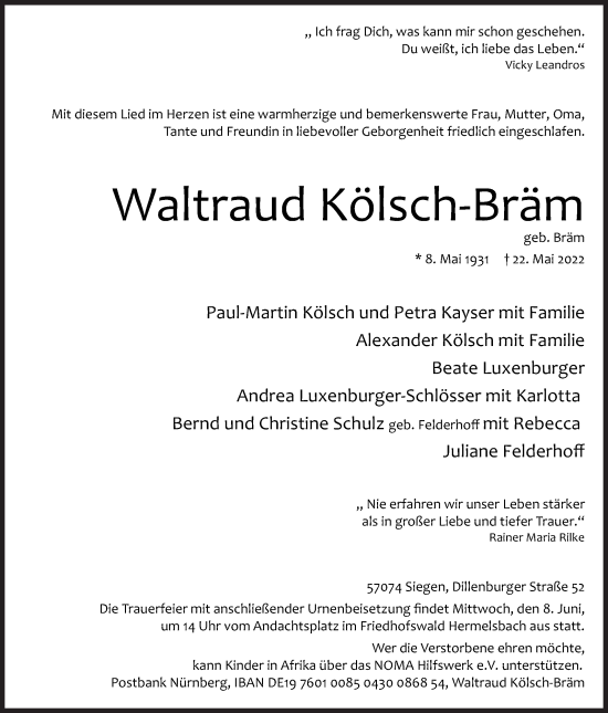 Traueranzeige von Waltraud Kölsch-Bräm von Siegener Zeitung