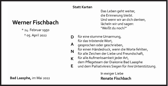 Traueranzeige von Werner Fischbach von Siegener Zeitung
