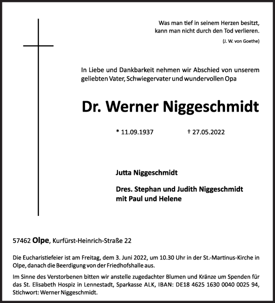 Traueranzeige von Werner Niggeschmidt von Siegener Zeitung