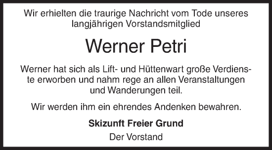 Traueranzeige von Werner Petri von Siegener Zeitung