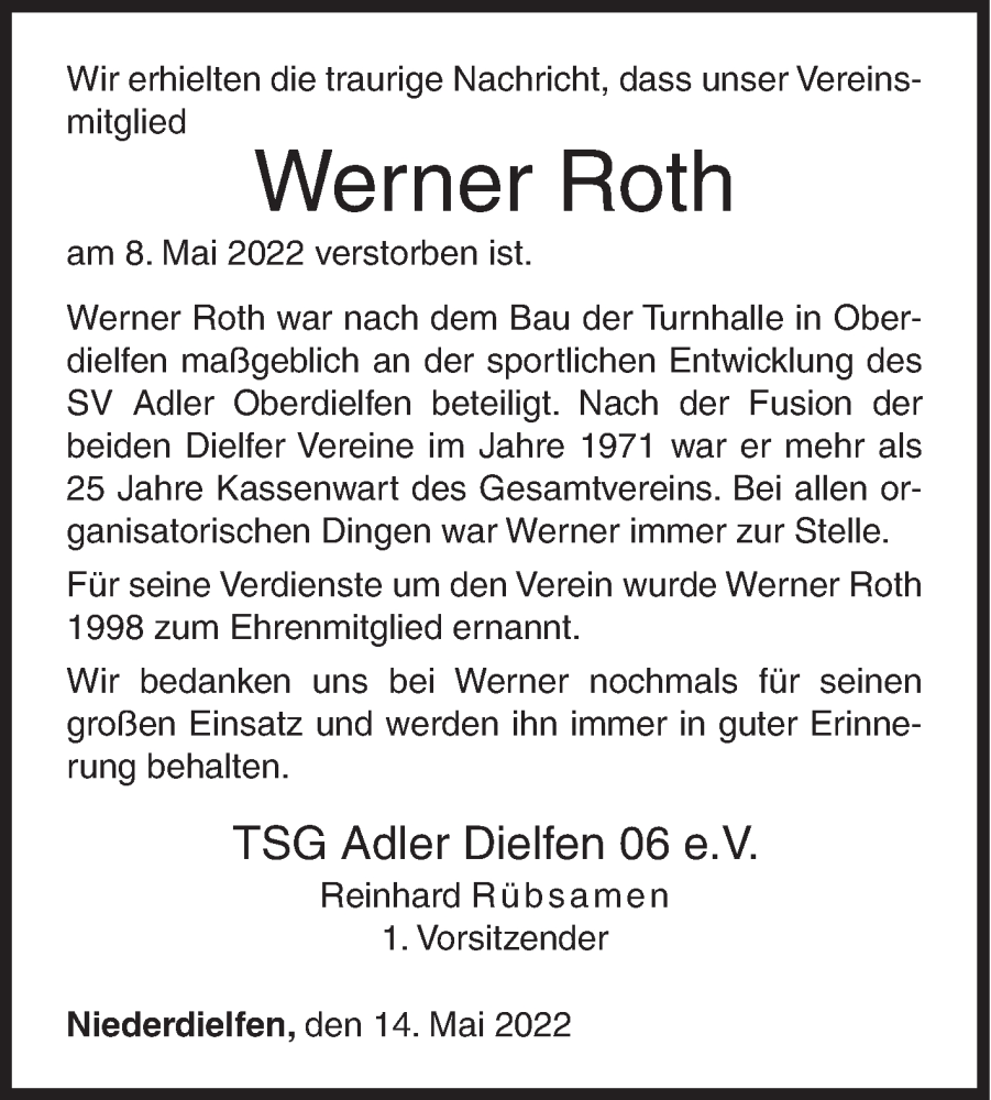  Traueranzeige für Werner Roth vom 14.05.2022 aus Siegener Zeitung