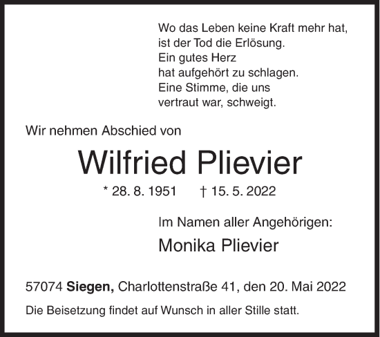 Traueranzeige von Wilfried Plievier von Siegener Zeitung