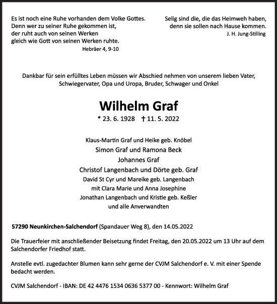 Traueranzeige von Wilhelm Graf von Siegener Zeitung