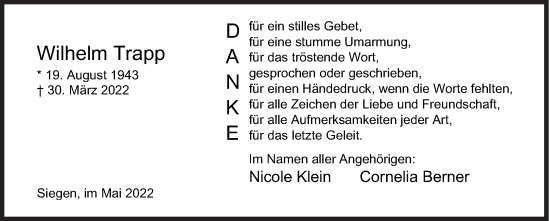 Traueranzeige von Wilhelm Trapp von Siegener Zeitung
