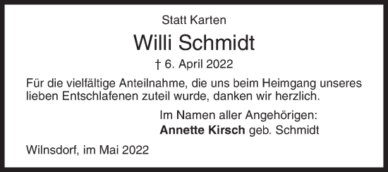Traueranzeige von Willi Schmidt von Siegener Zeitung