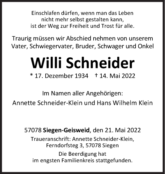 Traueranzeige von Willi Schneider von Siegener Zeitung