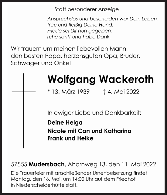 Traueranzeige von Wolfgang Wackeroth von Siegener Zeitung