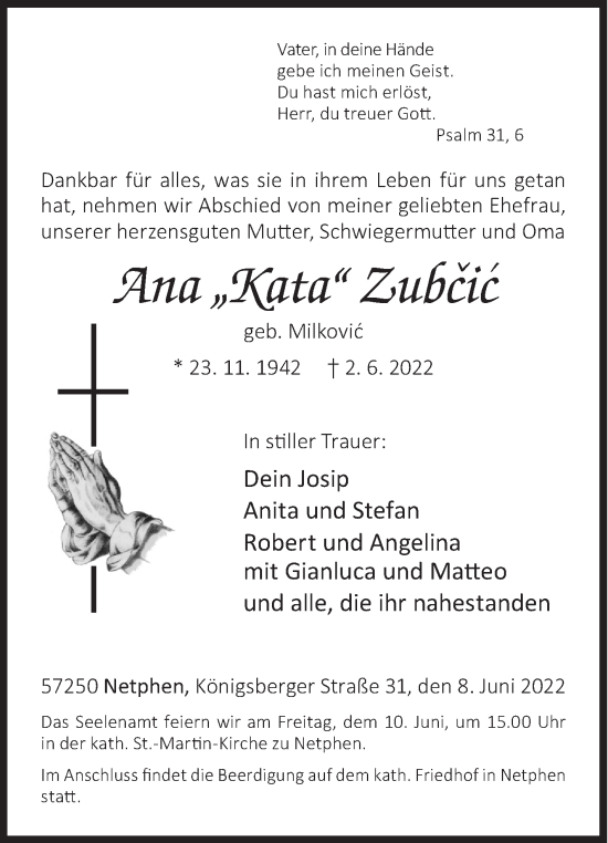 Traueranzeige von Ana 