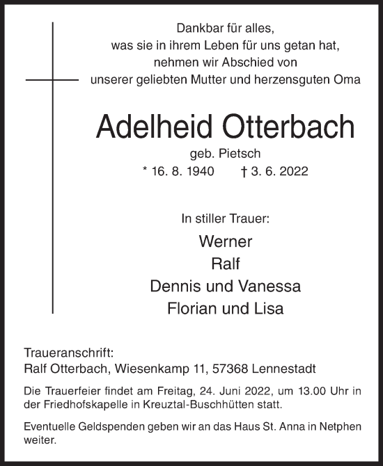 Traueranzeige von Adelheid Otterbach von Siegener Zeitung