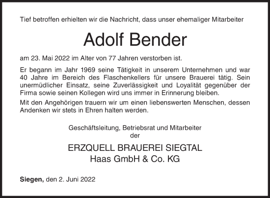 Traueranzeige von Adolf Bender von Siegener Zeitung