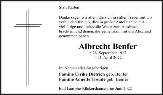 Traueranzeige von Albrecht Benfer von Siegener Zeitung
