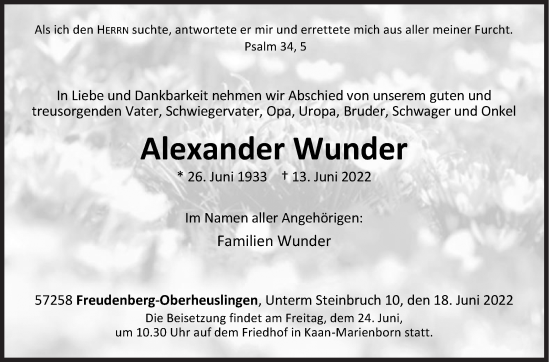 Traueranzeige von Alexander Wunder von Siegener Zeitung