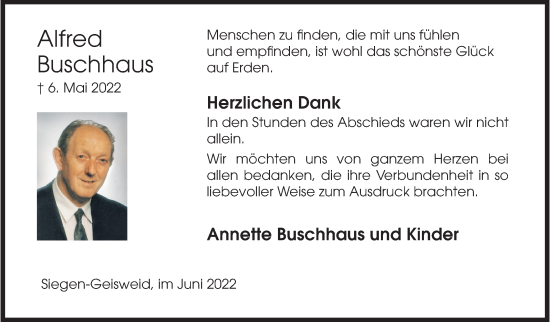 Traueranzeige von Alfred Buschhaus von Siegener Zeitung