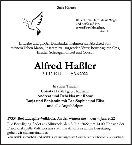 Traueranzeige von Alfred Haßler von Siegener Zeitung