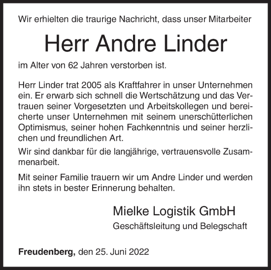 Traueranzeige von Andre Linder von Siegener Zeitung