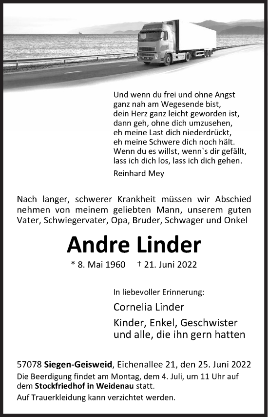 Traueranzeige von Andre Linder von Siegener Zeitung