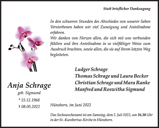 Traueranzeige von Anja Schrage von Siegener Zeitung