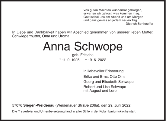 Traueranzeige von Anna Schwope von Siegener Zeitung