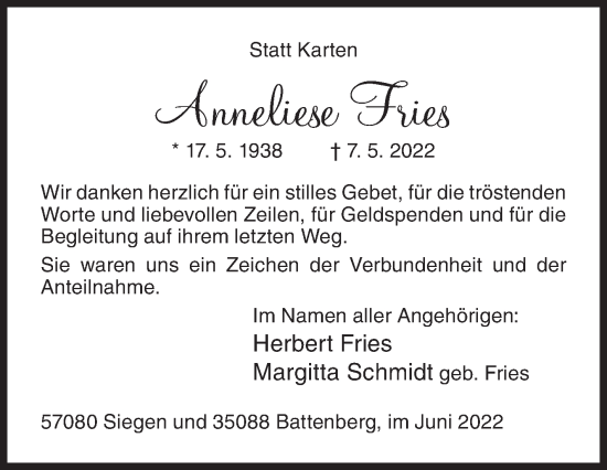 Traueranzeige von Anneliese Fries von Siegener Zeitung