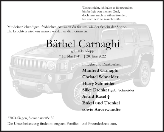 Traueranzeige von Bärbel Carnaghi von Siegener Zeitung