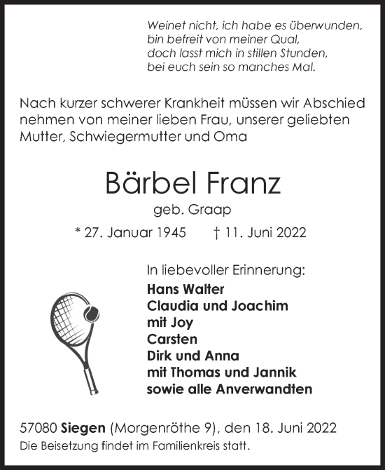 Traueranzeige von Bärbel Franz von Siegener Zeitung
