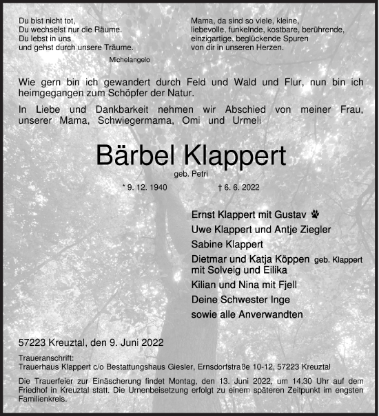 Traueranzeige von Bärbel Klappert von Siegener Zeitung