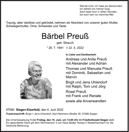 Traueranzeige von Bärbel Preuß von Siegener Zeitung