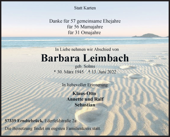 Traueranzeige von Barbara Leimbach von Siegener Zeitung