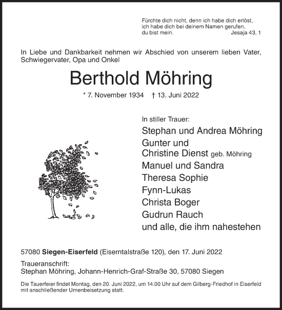 Traueranzeige von Berthold Möhring von Siegener Zeitung