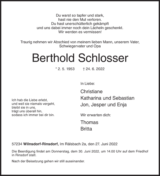 Traueranzeige von Berthold Schlosser von Siegener Zeitung