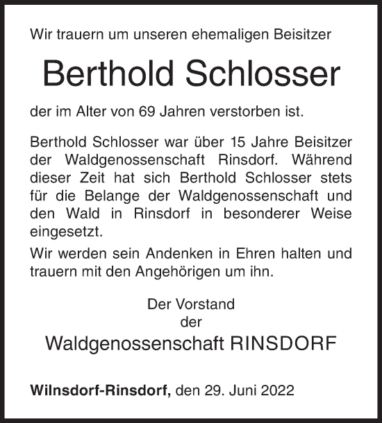 Traueranzeige von Berthold Schlosser von Siegener Zeitung