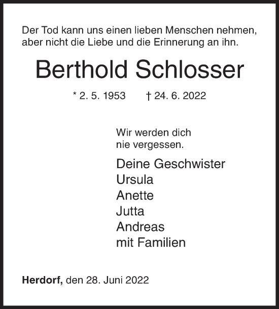 Traueranzeige von Berthold Schlosser von Siegener Zeitung
