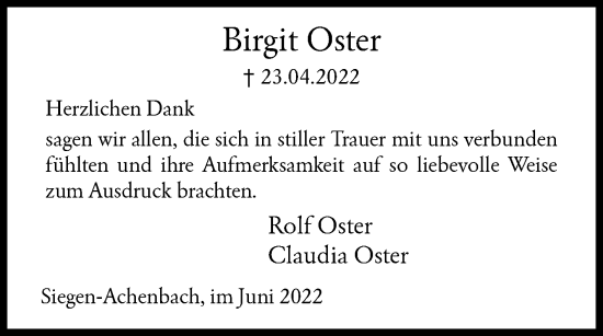 Traueranzeige von Birgit Oster von Siegener Zeitung