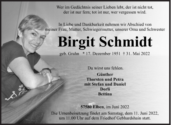 Traueranzeige von Birgit Schmidt von Siegener Zeitung