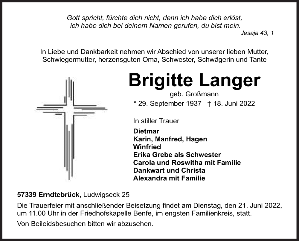  Traueranzeige für Brigitte Langer vom 21.06.2022 aus Siegener Zeitung