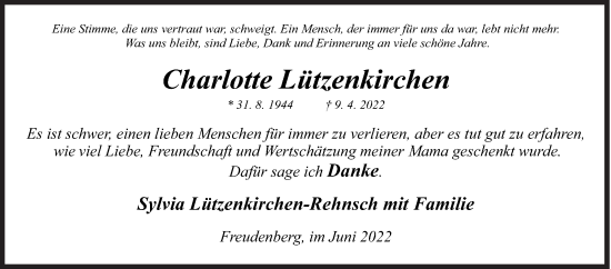 Traueranzeige von Charlotte Lützenkirchen von Siegener Zeitung