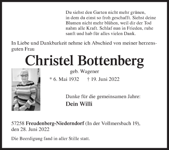 Traueranzeige von Christel Bottenberg von Siegener Zeitung