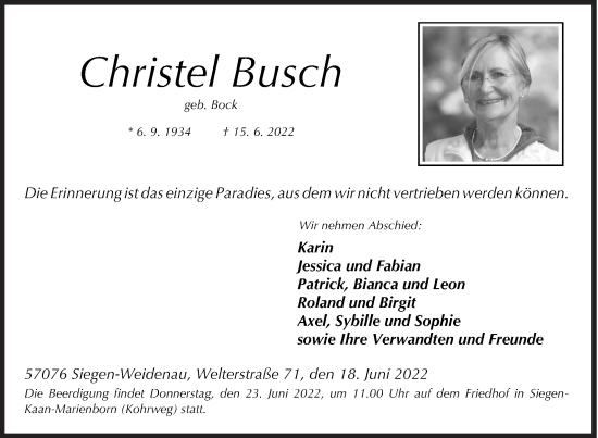 Traueranzeige von Christel Busch von Siegener Zeitung