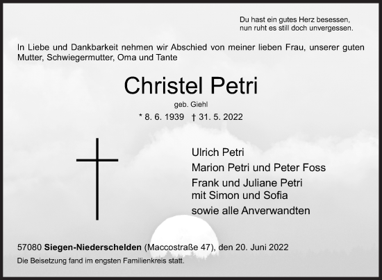 Traueranzeige von Christel Petri von Siegener Zeitung