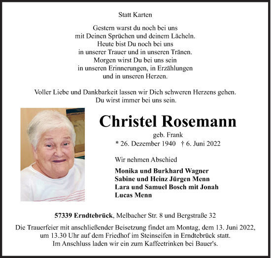 Traueranzeige von Christel Rosemann von Siegener Zeitung