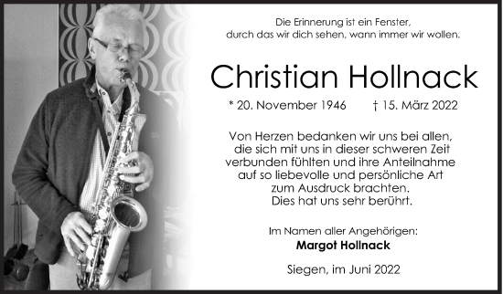 Traueranzeige von Christian Hollnach von Siegener Zeitung