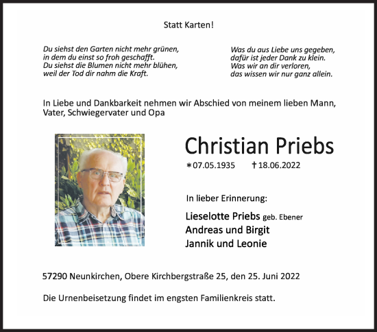 Traueranzeige von Christian Priebs von Siegener Zeitung