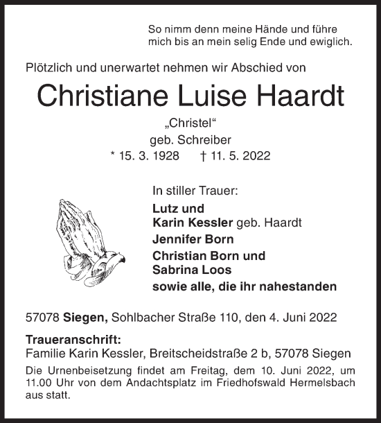 Traueranzeige von Christiane Luise Haardt von Siegener Zeitung