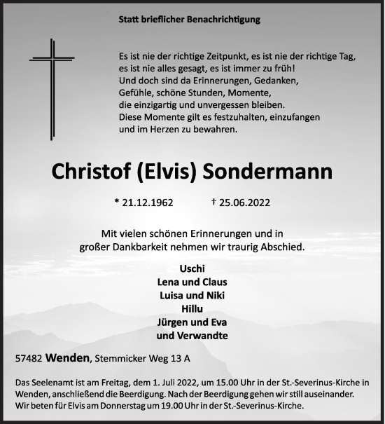 Traueranzeige von Christof  Sondermann von Siegener Zeitung