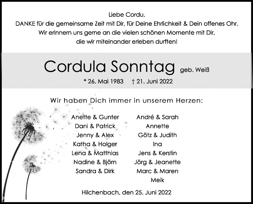  Traueranzeige für Cordula Sonntag vom 25.06.2022 aus Siegener Zeitung