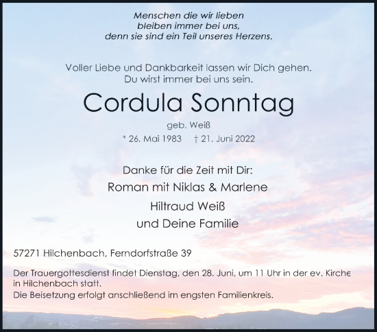 Traueranzeige von Cordula Sonntag von Siegener Zeitung