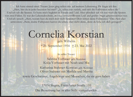 Traueranzeige von Cornelia Korstian von Siegener Zeitung